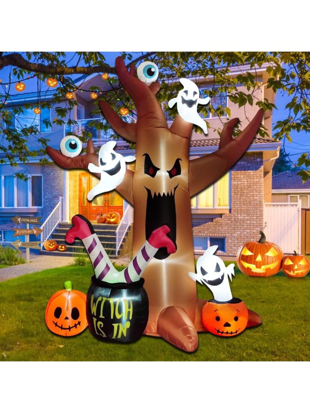 8 Ft Halloween Inflatable Outdoor Decor - Spooky Tree, Ghosts, Pumpkins & LED